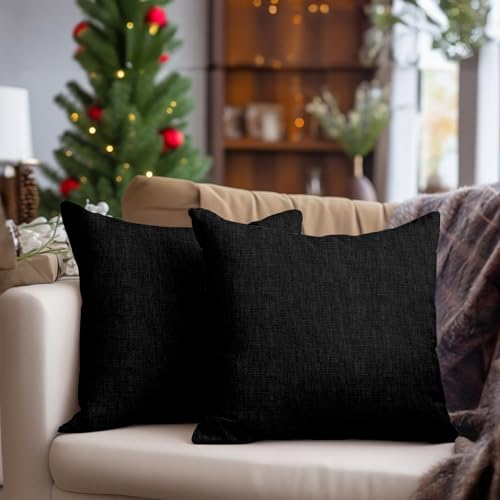 Encasa XO Feine Chenille-Kissenbezüge 2-teiliges Set - Black 1-50x50 cm Strukturiertes, einfarbiges, weiches und glattes dekoratives Kissen mit quadratischem Akzent für die Couch