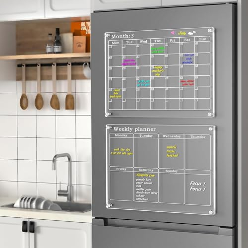 1 Monthly + 1 Weekly Transparent Calendar, 2 Pack Acrylic Fridge Calendar with 6 Markers and Pen Holder