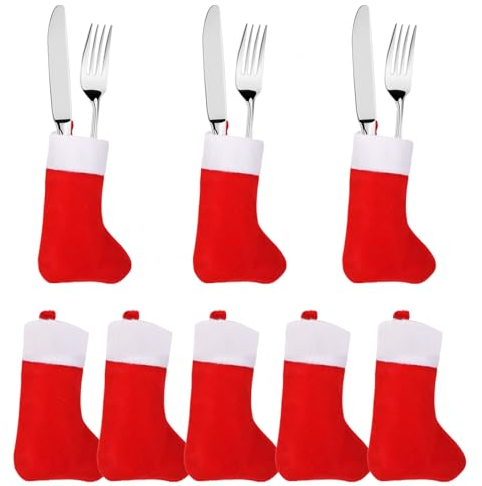 Figarge 8 Stück Weihnachten Besteckhalter Weihnachten Tischdeko Abendessen Deko Mini Socken Weihnachtstisch Geschirrhalter Tasche Weihnachten Tisch Dekoration für Weihnachtsbaum (Rot-8 Stück)
