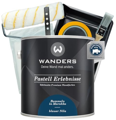 Wanders Pastell Erlebnisse Wandfarbe 2,5L (blaue Nila, Blau) inkl. Streichset Basic – Premium Kreidefarbe, Leichte Anwendung, Hochdeckend, Ultramatt, Perfekt für Heim-DIY