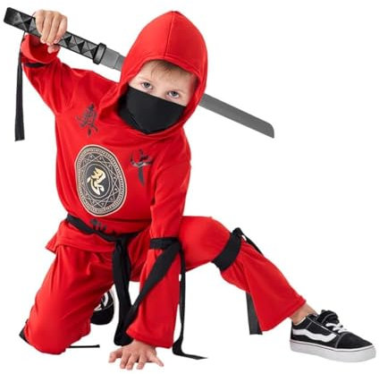 Udekit Costume de Ninja Rouge avec Capuche, Pantalon, Rubans et épée jouet pour Enfants, Fête Cosplay Halloween pour 6 à 8