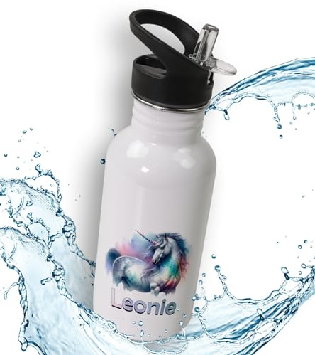 timalo® Trinkflasche für Kinder personalisiert mit Namen | auslaufsichere Edelstahl Sportflasche Kindergarten Schule Geschenk für Jungen und Mädchen 600mL | Einhorn bunt