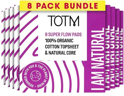 TOTM Natural Pads with Organic Cotton & Renewable Woodpulp | Super - Pack of 72 | Breathable Period Care with Secure Wings & Compostable Wrappers | Eco-Conscious & Gentle Sanitary Towels