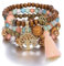 IOURVYA Boho 4 Stück Armbänder Holzperlen Quaste Armband, Chakra Armband für Frauen, Natürliches Kristall heilsteine armband, Frauen Baum des Lebens Charm Statement Armreifen
