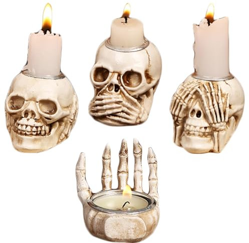 4 Stück Schädel Totenkopf Kerzenhalter, Skeletthand Aus Kunstharz, Gothic Kerzenständer Deko für Allerheiligen, Zuhause, Mottopartys, Bar, Karneval, Weihnachten