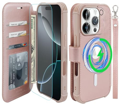 VANAVAGY Compatible for iPhone 16 Pro Wallet Case for Magsafe Wireless Charging,Leather Flip Folio Wrist [Glass Screen Protectors and Camera Lens Protectors]with RFID Block Card Holder,Rose Gold