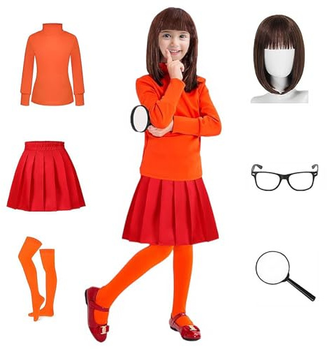 Velma Kostüm für Kinder Halloween Deluxe Roter Rock Orange Farbener Pullover Hohe Socken Perücke Lupenbrille Halloween Outfits für Mädchen (L)
