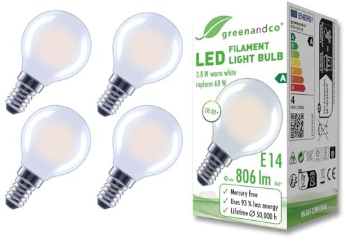 greenandco 4x Glühfaden LED Lampe | matt | E14 G45 | 3,8W 806lm | ersetzt 60W | 2700K warmweiß | 320° | 230V | flimmerfrei | Energieeffizienzklasse A | nicht dimmbar