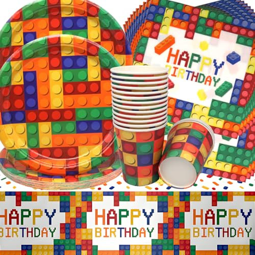 Doyomtoy Vaisselle Papier Set Anniversaire Bloc de Construction, Assiettes en Papier Serviettes Tasses pour Fête à Thème Building Blocks Décorations Fête d'Anniversaire 16 Invités