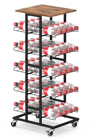 CADUKE 5 Tier Water Bottle Storage Rack on Wheels, FreeStanding Bottle Holder with Wooden Top, Kitchen Pantry Organization for Cans, Water, Wine, Beverage