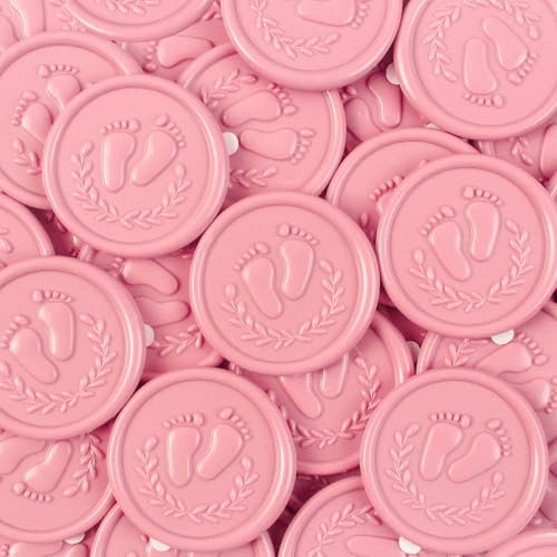 JAGERGREEN 48 Stück Babyparty Wachssiegel Selbstklebend mit Fußspuren Mustern, Rosa Siegelwachs Aufkleber für Baby Shower Deko Mädchen Gender Reveal, Einladungen, Briefumschläge, Geschenkverpackungen