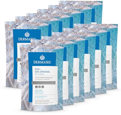DermaSel® Totes Meer Badesalz Pur | Das Original | 12x 500 g | Meersalz fürs Bad, klärende Mineralpflege, für trockene, empfindliche Haut, ohne Zusätze, dermatologisch geprüft