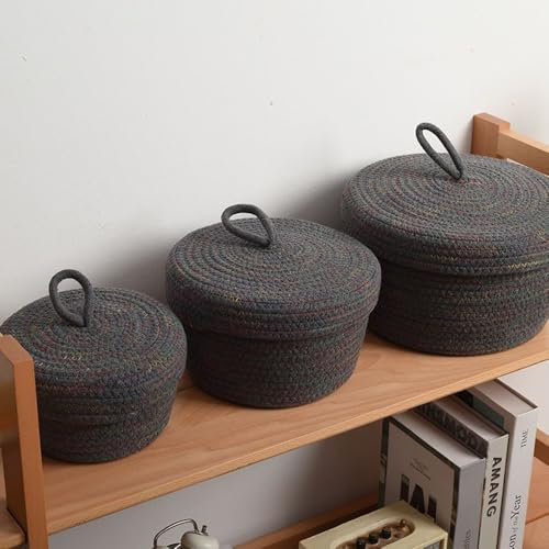 WANSHI körbe mit deckel geflochten,aufbewahrungskorb geflochten mit deckel,korb rund geflochten mit deckel,Yarn, Nursery Accessories, Snacks (Graue, farbige Nähte)