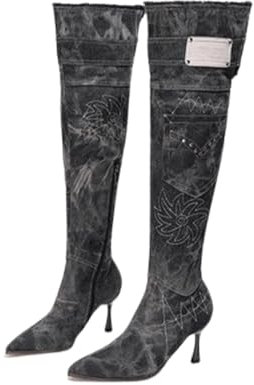 FGRID Stivali Alti Fino alla Coscia in Denim da Donna, alla Moda, con Punta affilata e Tacchi a Spillo Alti sopra Il Ginocchio, Stivali Lunghi in Jeans Elasticizzati Sexy infilare,Marina Militare,36
