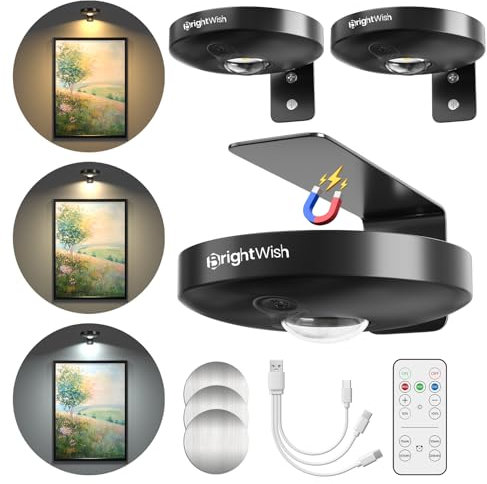 BrightWish Luci per quadri a LED ricaricabili, 3 temperature colore, 10 livelli di luminosità, con telecomando e timer, luci magnetiche da parete senza fili per dipinti, cornici, dartboard (3 pezzi)