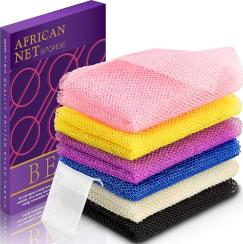 Lot de 6 gants de toilette africains authentiques, à séchage rapide, pour une peau lisse, éclatante et un gommage complet du corps (jaune, rose, violet, noir, bleu, blanc)