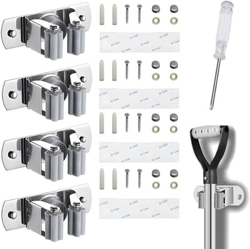 Broom Holder Wall Mounted - 4 Pieces Mop Holder Wall Mounted - Heavy Duty Stainless Steel Hanger - Mop Broom Storage Rack Tool for Kitchen Bathroom Garden Laundry Closet Workroom Balcony Garage Office