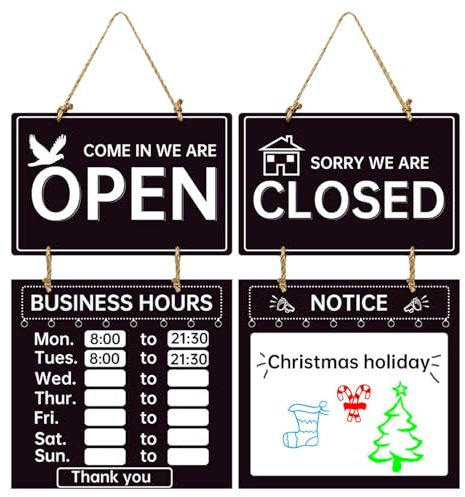 Señal de doble cara con horarios de apertura para colgar | Cartel colgante abierto y cerrado con horarios de apertura, cartel para la puerta de entrada de una tienda, cafetería, tienda, oficina y