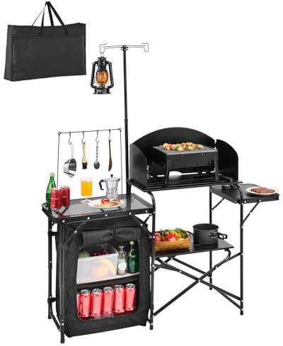 VEVOR Camping Küchentisch Outdoor Kochtisch, tragbare Kochstation aus Aluminium mit Lagerschrank & Tragetasche, & Abnehmbarer Windschutzscheibe, für Grillpartys Picknicks Wohnmobilreisen, schwarz