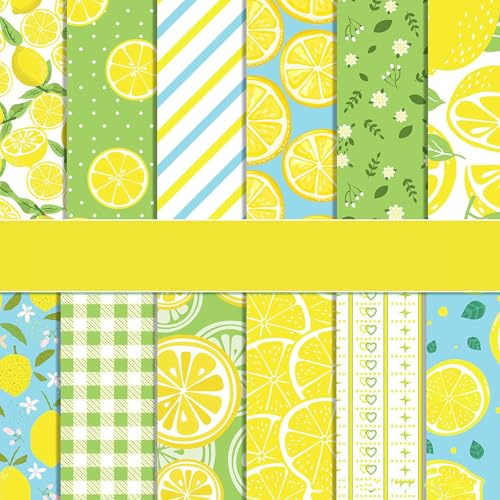 Scrapbook Papier Sommer Scrapbook Bastelpapier mit Obst Muster, 24 Blatt Scrapbooking Papier Frucht Motivpapier, Doppelseitiges Dekorpapier mit Erdbeere Zitrone Muster (Gelb, 30x30)
