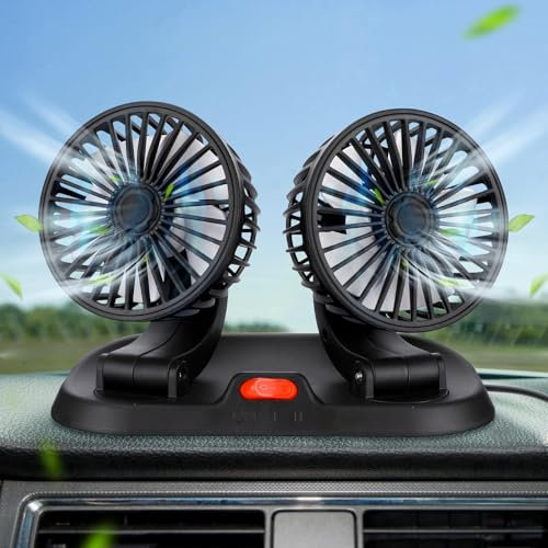 Ventilateur de voiture double tête 360° Rotation USB silencieux puissant 3 vitesses Mini table avec numéro de téléphone pour SUV, RV, camion, van, bureau, chambre