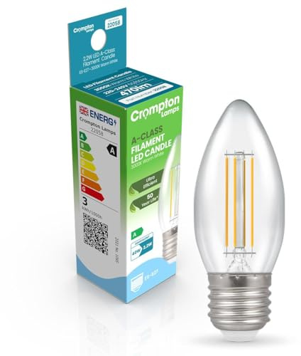 Crompton Lamps LED Ultra-Efficient Candle 2.2W ES-E27 A-Class (40W Equivalent) 3000K Warm White Clear 470lm ES Screw E27 A-Rated Light Bulb