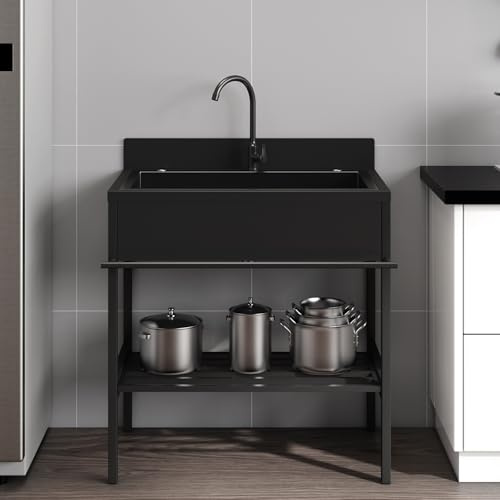 Edelstahl Spültisch Mobile Outdoor Spüle Freistehende Spülbecken mit Armatur Multifunktions Waschtisch 1 Becken Waschbecken Küchenspüle Spülenschrank für Wäscherei Restaurant Außen Camping(66x51x94cm)