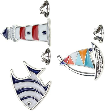 Maritime Brosche 3 Stück aus Metall mit Fisch, Segelboot, Leuchtturm | Zinklegierung, 2,5x2x0,1cm, Leichtes Clip Design, für Anzug und Schal bei Festen