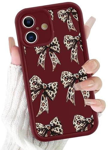 Foonary Cheetah Print Phone Case for iPhone 16 6.1, Aesthetic Leopard Bow Pattern Design Cover Full Camera Lens Protective Shockproof Soft Slim TPU Funda for Women Girls, Burgundy