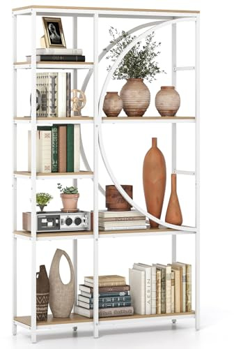 COSTWAY Geometrisches Bücherregal, Büroregal mit offenen Holzregale & Metallrahmen, Standregal industriell, Aufbewahrungsregal für Wohnzimmer & Arbeitszimmer