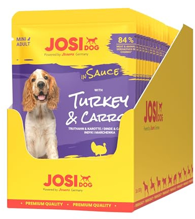 JosiDog Mini Turkey & Carrot in Sauce | 24x 100g | Hudefutter nass in Soße | Adult | Premium Nassfutter für kleine Rassen im Frischebeutel | Feiner Truthahn & Karotte in Soße | powered by JOSERA