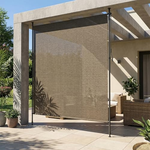 LIFERUN HDPE Klemmmarkise Senkrechtmarkise Außen 200×310cm, Balkon Sichtschutz ohne Bohren, ausziehbare Seitenmarkise, Sonnenschutz Windschutz Wasserfest,für Balkon Garten Terrasse,Braun,2 PCS Stangen