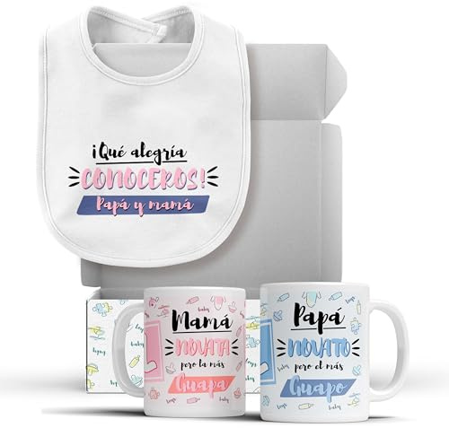 LINFORMAL | Pack Mamá y Papá Primerizos con Babero a Elegir | 2 Tazas Desayuno + Babero Bebé | Regalo Embarazo y Futura Mamá | Regalo Original Primer Día del Padre | 350 ml