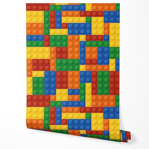GP TONER Vliestapete Kinderzimmer Bausteine Bunt Spielzeug Muster Lego Stil Moderne Tapete für Jungen und Mädchen Babyzimmer Schlafzimmer Spielzimmer Rot Blau Gelb Grün UV-beständige Tapete 5m x 0,5m
