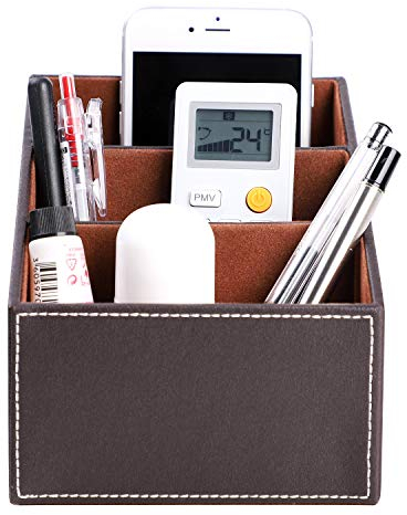 ITODA Organizer Tisch Stifte Schreibtisch Schreibtischbox Ordungbox mit 3 Fächern Multifunktionale PU-Leder Stiftehalter Stifteköcher Organisator Speicherabteil für Büro Schule Hause Braun