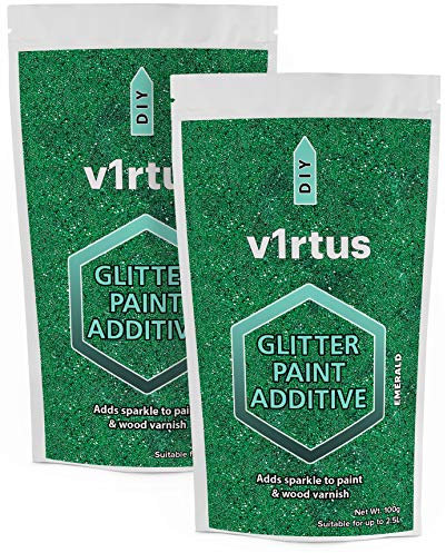 v1rtus 2X Glitter Paint Additive - Emerald Green | Metallic Flakes for Adding Sparkle to Paints & Wood Varnish | Add to Emulsion, Acrylic & Latex for Indoor Sparkly Walls | 100 g (x2)