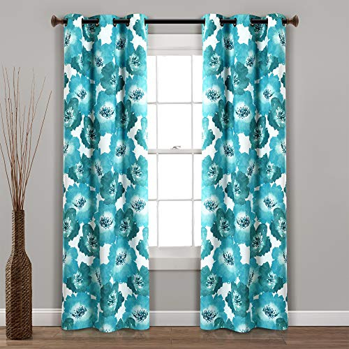 Lush Decor Julie Floral Insulated Grommet Room Darkening Window Curtain Panels Pair 38W x 84L Blue & Teal - Floral Curtains For Bedroom Or Living Room
