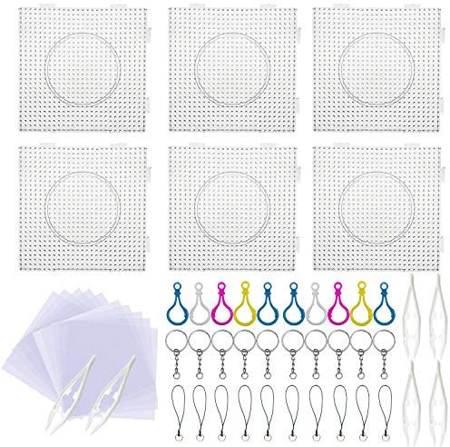 Allaonze 52 PCS Perles à Repasser 5 mm 6 PCS Grand Carré Transparent pour Perles à Repasser Enfant Artisanat Perles avec Pincettes à Perles, Feuilles de Papier à Repasser et Porte Clés