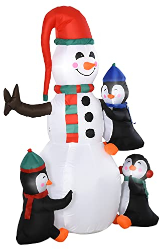 HOMCOM Weihnachten aufblasbarer Schneemann mit 3 Pinguinen LEDs Polyester 140 x 70 x 180 cm