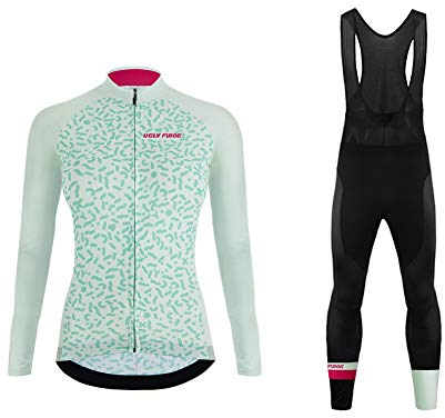 Uglyfrog Damen Radtrikot Set Fahrrad Trikot Langarm + Radhose mit Sitzpolster Fahrradbekleidung MTB Sportanzug Fleecefutter