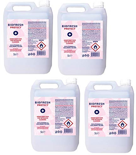 4x 5 Litre Hand Sanitiser Gel, 74% Alcohol EN14476 Certified, Biofresh Protect Intensive Cleansing Gel, 5L Refill - UK Stock