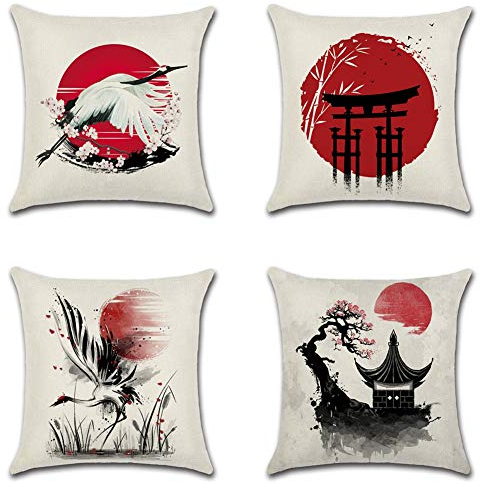 Artscope Kissenbezüge im japanischen Stil, Motiv: rote Sonne mit Tintenmalerei, Kranich, dekorative Wurfkissenbezüge für Couch, Schlafzimmer, Outdoor, Bank, Bauernhaus-Dekor, 45 x 45 cm, 4 Stück