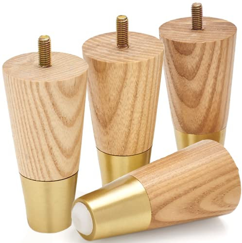 Möbelbeine aus Eschenholz mit goldfarbenen Kappen – Füße aus der Mitte des Jahrhunderts für Sofa, Stuhl, Tisch, Kommode, Bett, Schrank, Ottomane, Holzbeinerhöhungen, einfache Installation und