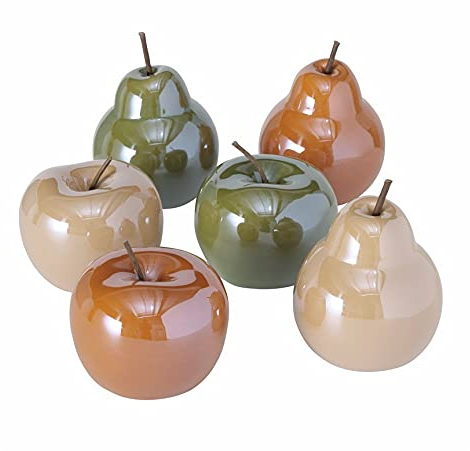 RiloStore 6er Set Deko Apfel Birne Dekoapfel Obst Früchte Äpfel Birnen nr2721 Dekoobjekt Keramik 10cm Stillleben Herbstdeko grün rosa Weiss Creme