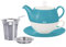 Buchensee Tea for One mit Sieb Lena 500ml aus Crystal Bone China Porzellan in türkis. Teekanne + Teetasse + Untersetzer + Sieb + Abtropfschale
