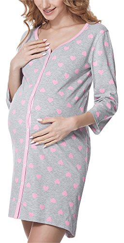 Be Mammy Camicia da Notte di maternità da Donna con Manica 3/4 e Funzione di Allattamento (Melange-Cuori (Rosa), XXL)