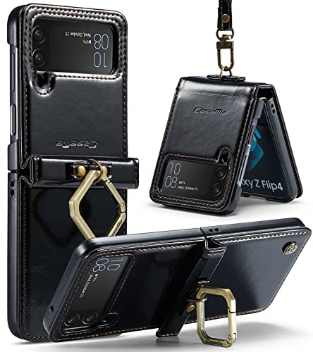 UFinetech Samsung Z Flip 4 Hülle, Stoßfest Scharnierschutz Ring Ständer Lanyard Schutzhülle Z Flip 4 Hülle, Leder TPU Bumper Folable Magnetische Kratzfest Handyhülle Samsung Flip 4 Hülle 5G, Schwarz