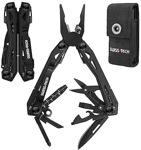 Swiss+Tech Pinza Multifunzione, 16 in 1 Pinza Multiuso in Acciaio Inossidabile, Pinze Pieghevole Multiuso per Esterno, Campeggio, Sopravvivenza, Emergenza, con clip da cintura e custodia da trasporto