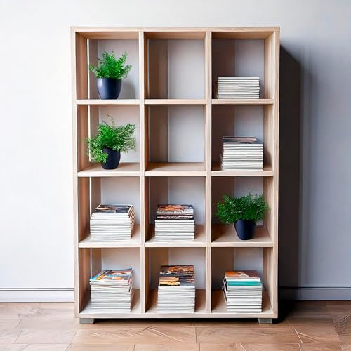 MAKA Libreria Scaffale per Soggiorno 12 Ripiani Scaffalatura Portaoggetti Libri Svuotatasche in Legno con Rivestimento Laminato Verticale Orizzontale Mobiletto Cucina Ufficio (Rovere, Albert)