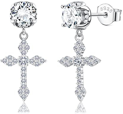 KRFY Kreuz Ohrringe Sterling Silber Cubic Zirkonia Hypoallergene Ohrringe 18K Weißgold Vergoldet Ohrhänger Hip Hop Schmuck Iced Out Kreuz Ohrringe Hängend für Damen Herren